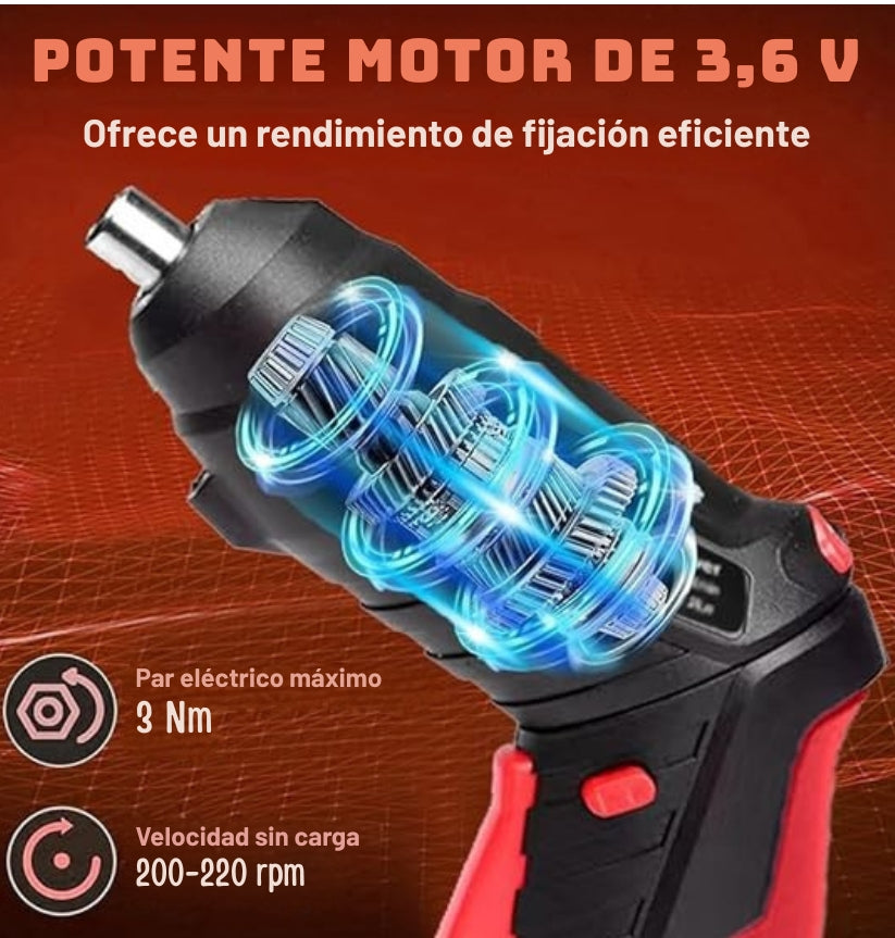 Juego de Destornillador Inalámbrico Recargable con Rotación de 90°, Incluye 47 Piezas + Adaptador Flexible