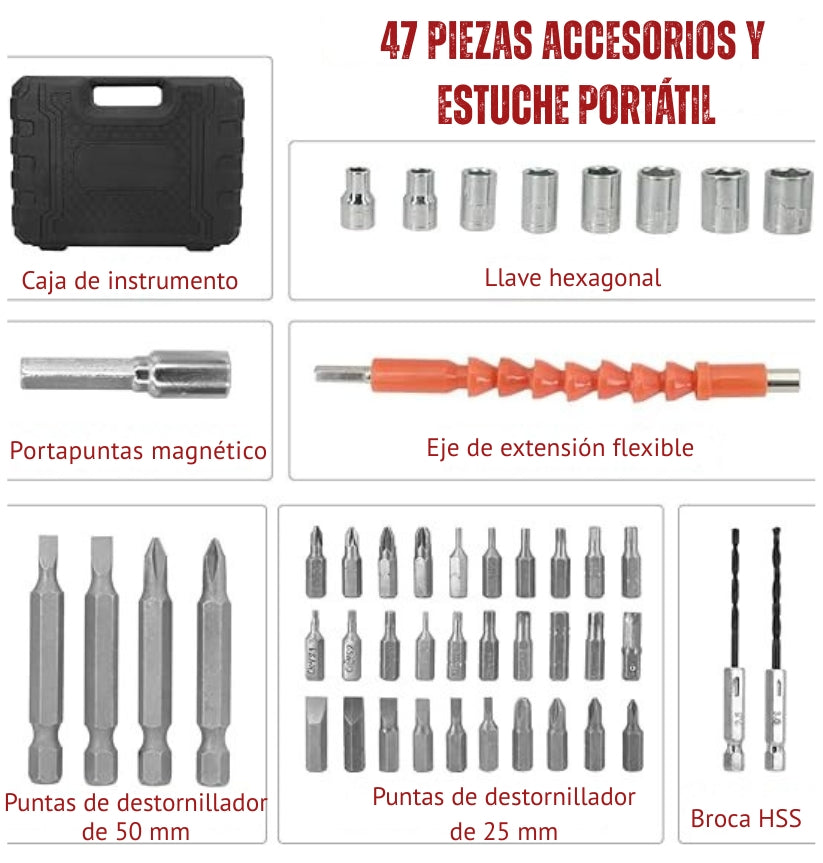 Juego de Destornillador Inalámbrico Recargable con Rotación de 90°, Incluye 47 Piezas + Adaptador Flexible
