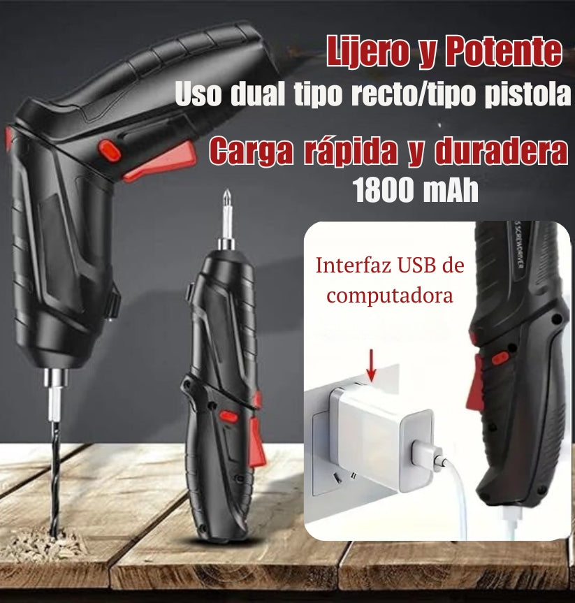 Juego de Destornillador Inalámbrico Recargable con Rotación de 90°, Incluye 47 Piezas + Adaptador Flexible