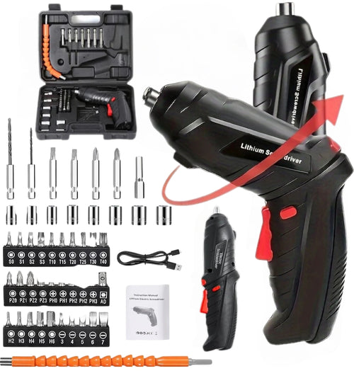Juego de Destornillador Inalámbrico Recargable con Rotación de 90°, Incluye 47 Piezas + Adaptador Flexible